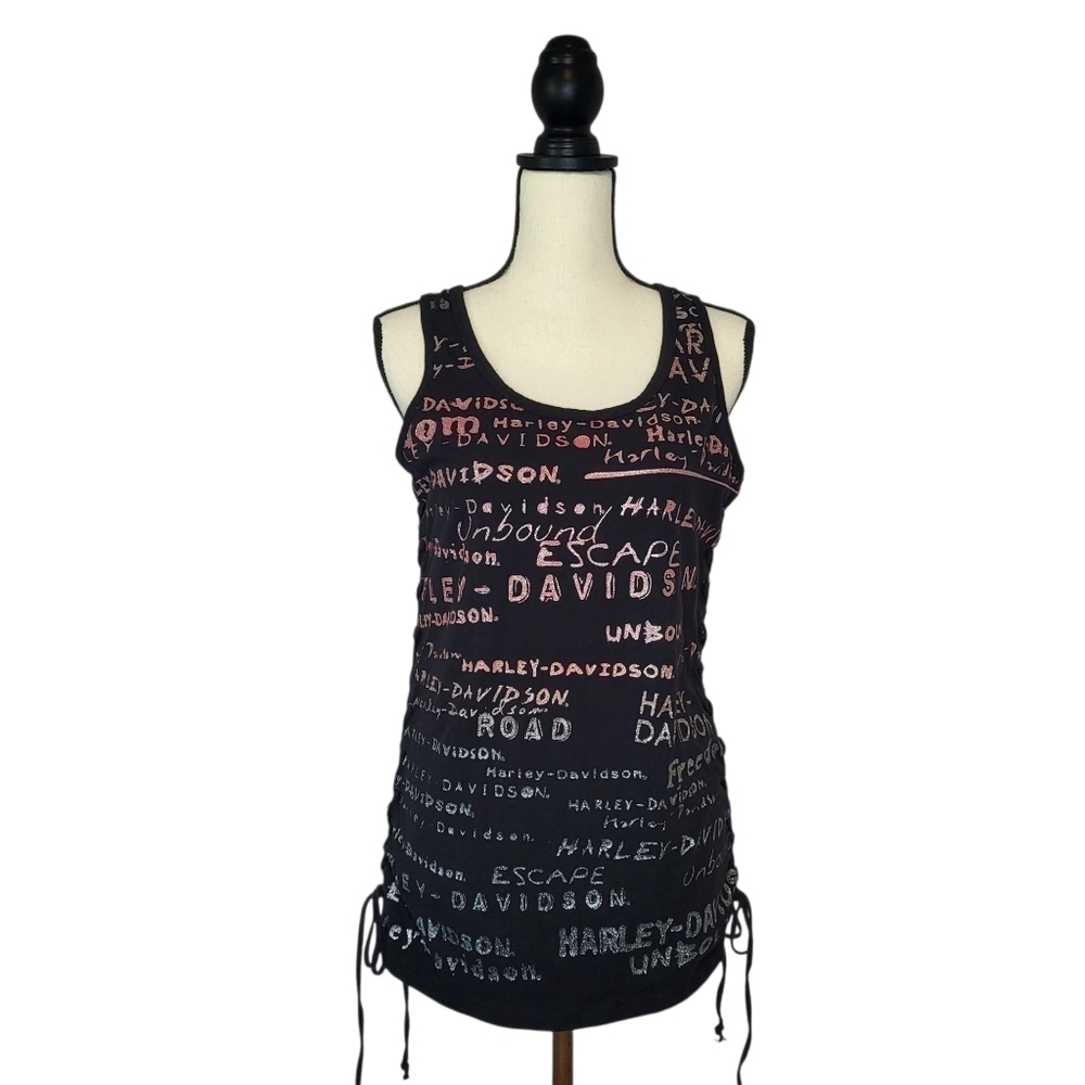 Harley-Davidson Top Black Multicolor Glitter Print Scoop Neck Side Ties Size L